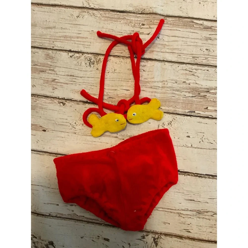 Vintage 1970s Terry Cloth Bikini Toddler Red Yellow Fish Two‎ Piece Swimsuit